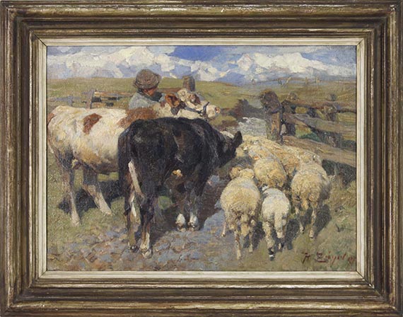 Heinrich von Zügel - Kühe und Schafe am Gatter - Cornice