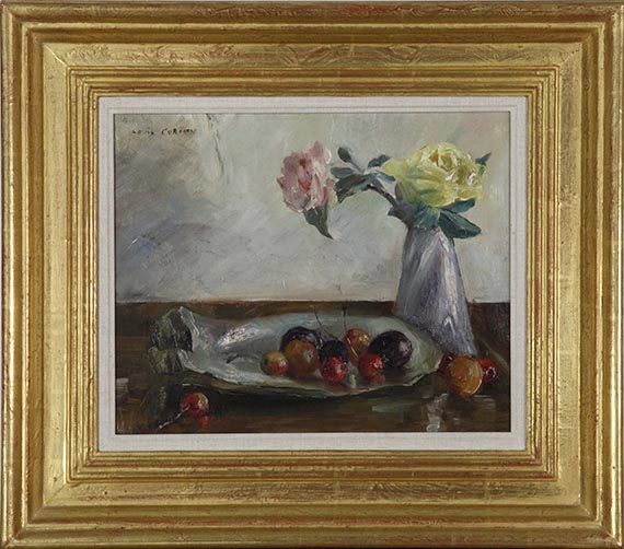 Lovis Corinth - Stillleben mit Blumen in Vase, Muschel und Obst - Cornice