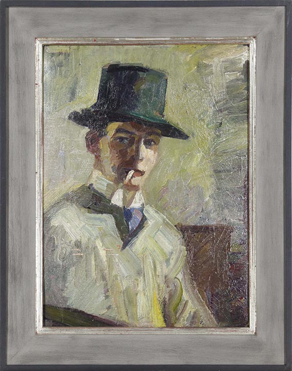 Hermann Stenner - Selbstbildnis mit hohem Hut und Zigarette - Cornice