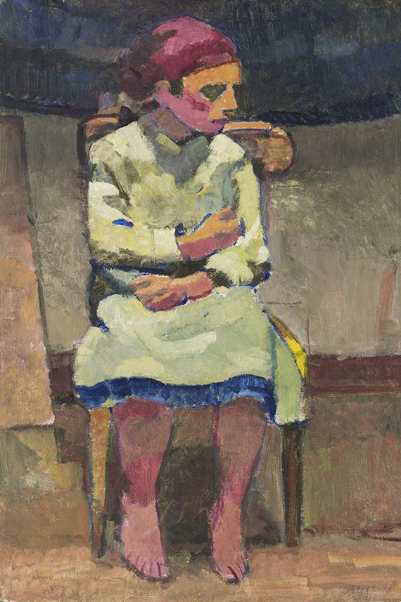 Alfred Heinrich Pellegrini - Mädchen mit rotem Kopftuch auf Stuhl