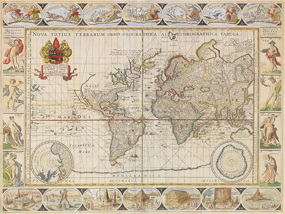 Willem Janszoon Blaeu - 5 Karten: Weltkarte (M. Pitt) und 4 Erdteile (W. J. Blaeu)