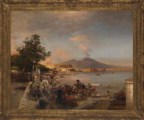 Oswald Achenbach - Marktszene bei Neapel mit Blick auf den Vesuv - Cornice