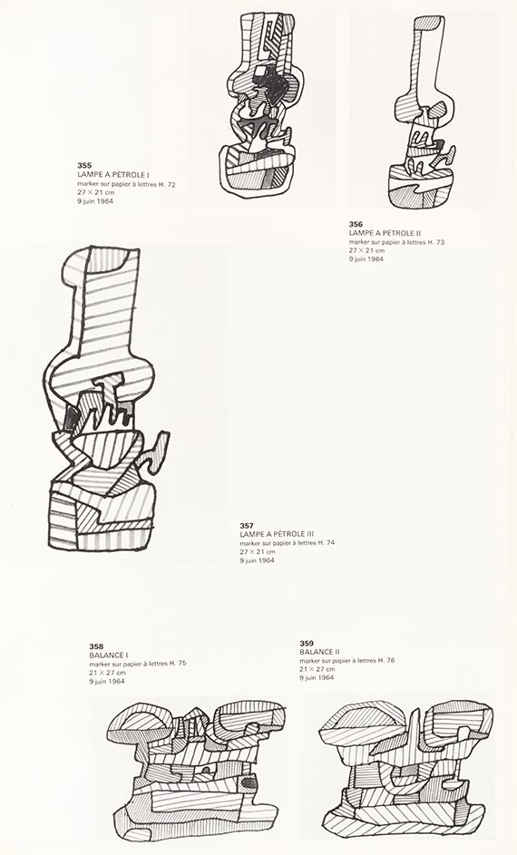 Illustration  for: Jean Dubuffet, drawings of kerosene lamp and scales 1964, from: Max Loreau, Fascicule XX: L'Hourloupe I, Paris 1966, p. 163. © VG Bild-Kunst, Bonn 2025