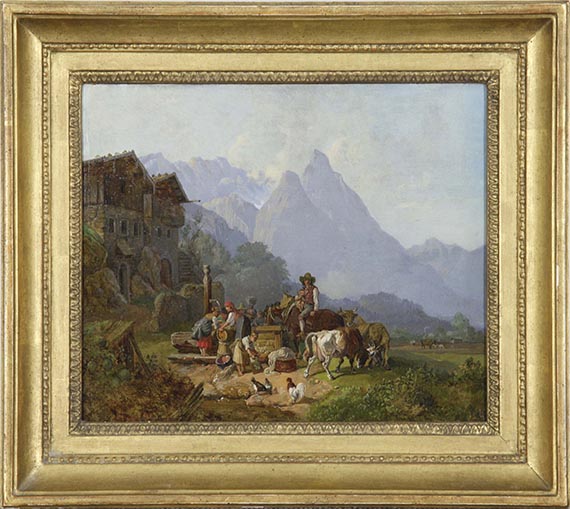 Heinrich Bürkel - Gebirgsdorf mit Brunnen. Im Hintergrund das Wettersteingebirge - Cornice