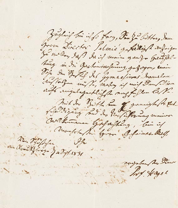 Georg Wilhelm Friedrich Hegel - Eigh. Brief. m. U. an einen Geheimrat