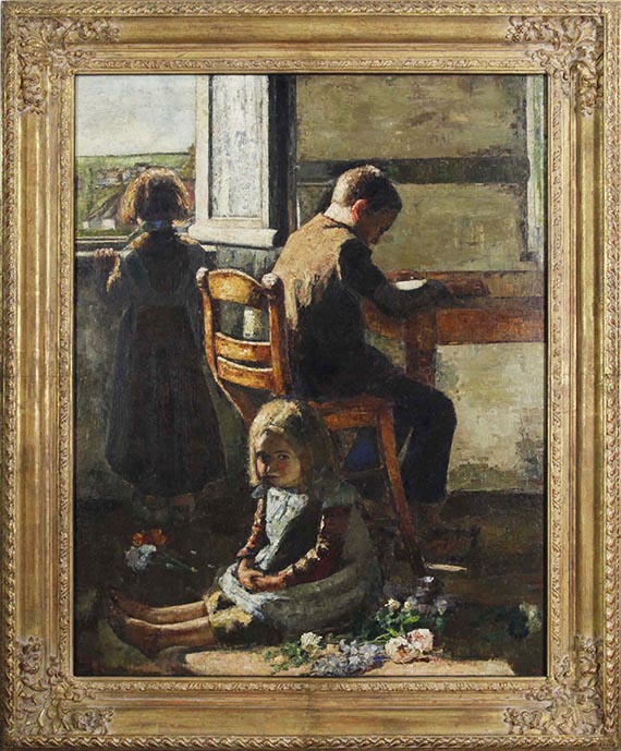 Lesser Ury - Die Geschwister, Interieur mit Kindern - Cornice
