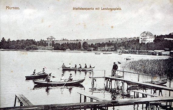 Illustration  for: Postcard &bdquo;Murnau. Staffelseepartie mit Landungsplatz&ldquo; (&bdquo;Murnau. A trip on the Staffelsee with a landing stage&rdquo;), ca. 1900.