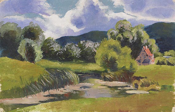 Illustration for: Karl Schmidt-Rottluff, Haus am Pleißebach in Rottluff (House by the river Pleißebach in Rottluff), ca. 1902, oil on canvas, private collection, Germany. © VG Bild-Kunst, Bonn 2026