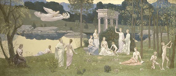 Illustration  for: Pierre Puvis de Chavannes, Le Bois Sacre Cher aux Arts et aux Muses (The Sacred Grove, Beloved of the Arts and Muses), 1884, oil on canvas, Art Institute of Chicago.